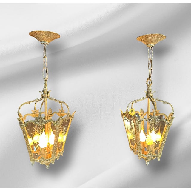 Rococo 1920s Rococo Lanterns Pendant Lights With Etched Glass - a Pair For Sale - Image 3 of 15