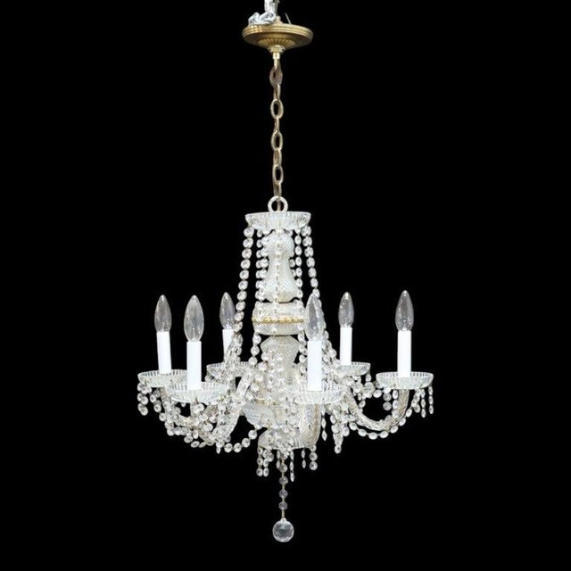 Mid-Century Modern Vintage Crystal, Glass & Brass 6-Light Chandelier C1940 For Sale - Image 3 of 10