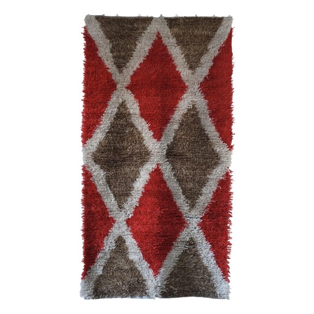 Scandinavian Red Rhombus Rya Rug, Sweden, 1960s For Sale