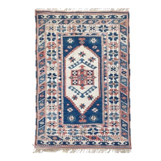 Vintage Turkish Navy, Blush, Apricot, Soft Salmon, Beige with Braided Fringe Rug 3.5 x 5.8 For Sale