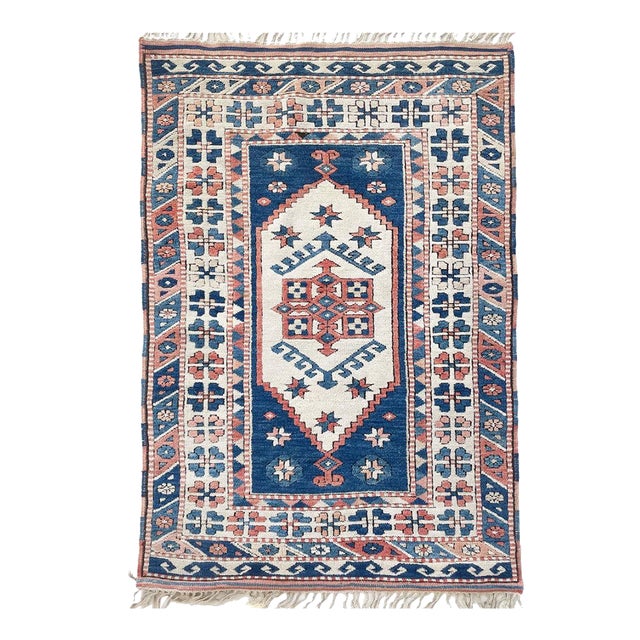 Vintage Turkish Navy, Blush, Apricot, Soft Salmon, Beige with Braided Fringe Rug 3.5 x 5.8 For Sale