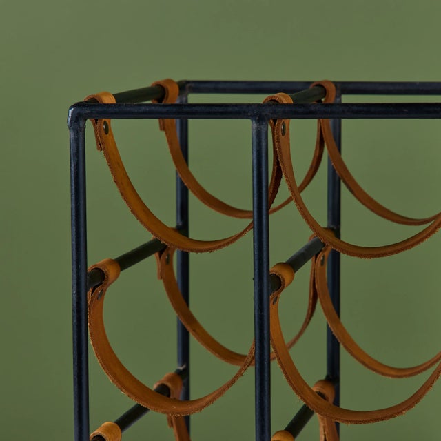 Mid 20th Century Arthur Umanoff Wrought Iron and Leather Wine Rack For Sale - Image 12 of 17