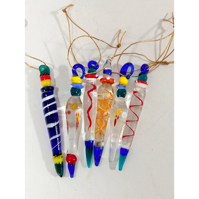 Vintage Handblown Art Glass Icicle Christmas Ornaments, Multicolor Set of 6 For Sale In Louisville - Image 6 of 8