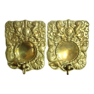 Large Brass Wall Plates With Candle Stick - Set of 2 - Vintage From the 60s For Sale