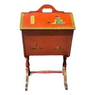 Vintage 20th Century English Style Red Japanned Hinged Two-Sided Flip-Open Sewing Cabinet For Sale