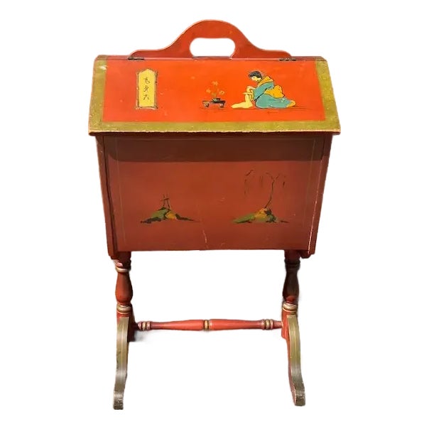 Vintage 20th Century English Style Red Japanned Hinged Two-Sided Flip-Open Sewing Cabinet For Sale
