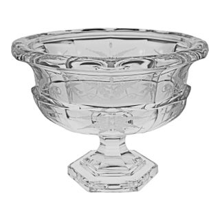 Late 20th Century Biedermeier Style Etched Crystal Pedestal Bowl Centerpiece Tazza Floral Arrangement Vase Fruit Bowl Wedding Anniversary Gift For Sale
