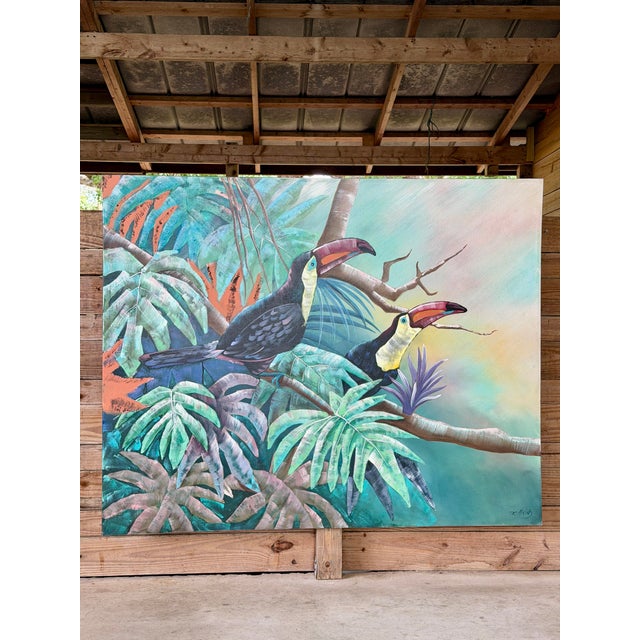 Traditional Monumental Vintage Tropical Toucan Painting on Canvas For Sale - Image 3 of 11