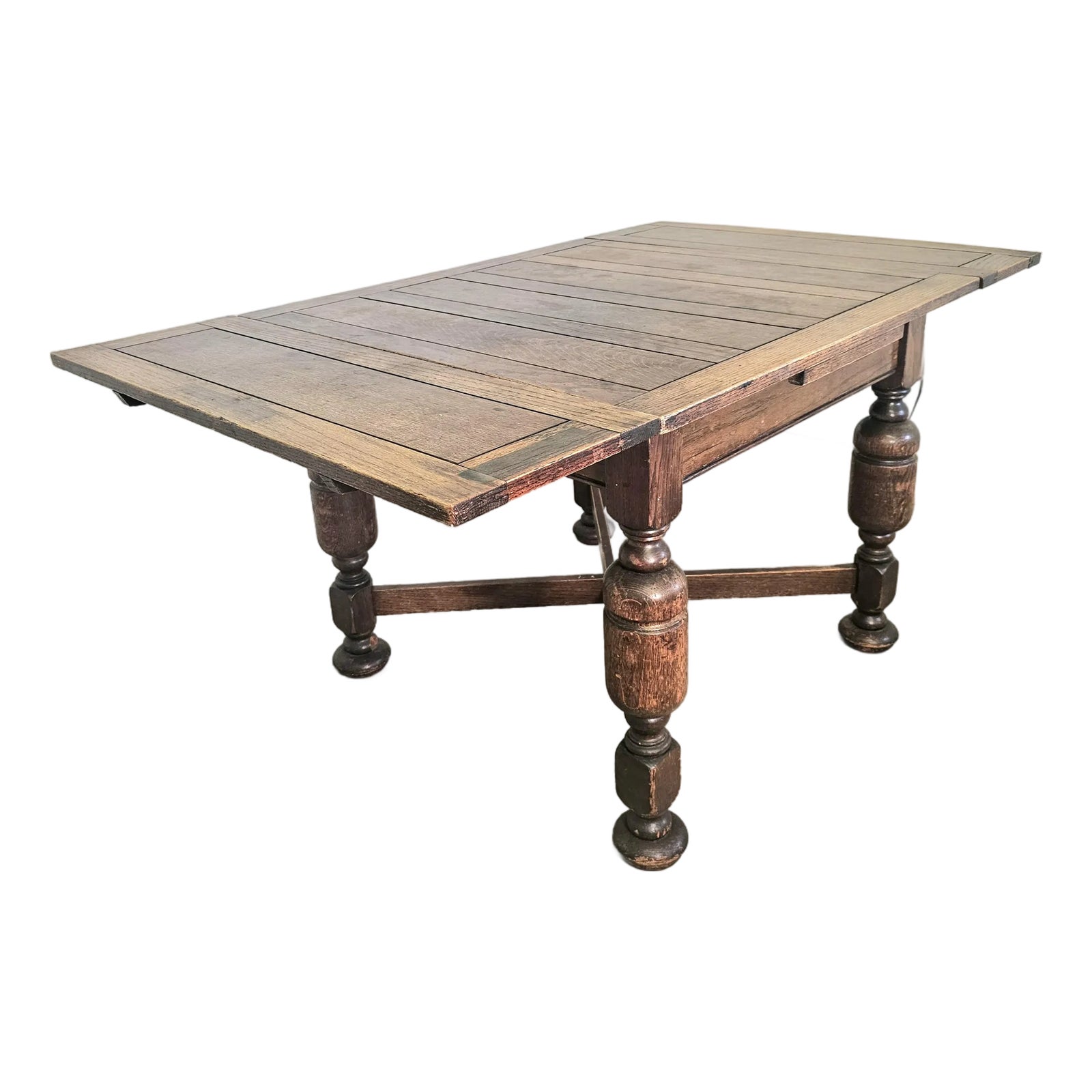 Jacobean Revival Oak Drop Leaf Dining Table, 1930s Farmhouse