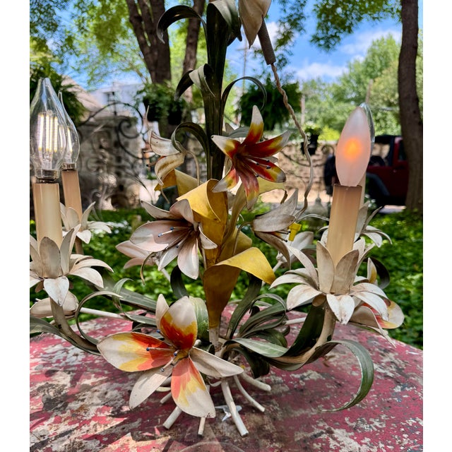 Vintage 1960’s Italian Hand Painted Polychrome 5 Arm Metal Tole Chandelier With Lilies For Sale - Image 4 of 12