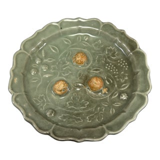 Chinese Longquan Celadon Floral‑Shaped Plate With Relief Decoration For Sale