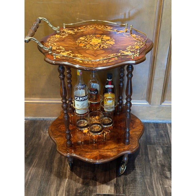 Wood 1980s Italian Inlaid Marquetry Burl Wood Bar Cart With Brass Gallery For Sale - Image 7 of 9