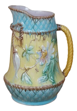 Antique Majolica Wardle Floral Passion Flower Pineapple Rope Bow Pitcher Jug
