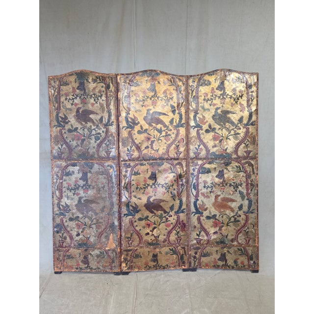Spanish Antique 19th Century Painted Leather Folding Screen For Sale - Image 3 of 18