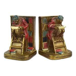 Antique Rare Hand Painted Armor Bronze "The Bookworm" Polychrome Scholar on Library Ladder Bookends - A Pair