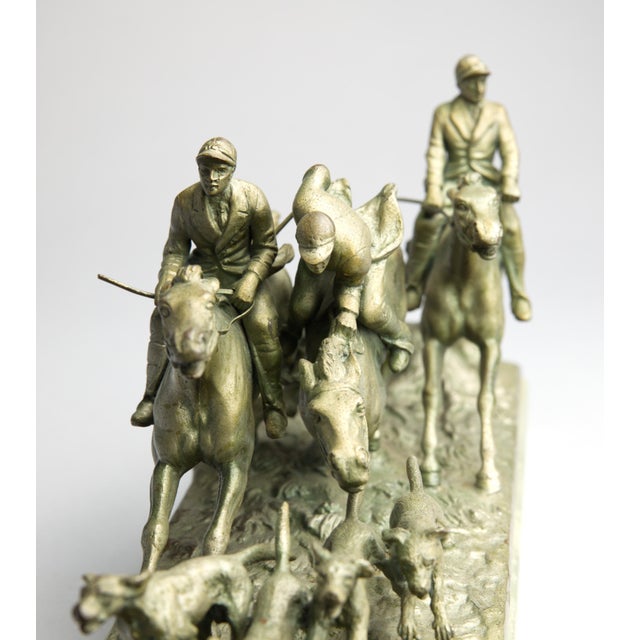 Gold Continental Gilt Metal Equestrian Hunt Group, Circa 1900 — Riders, Horses & Hounds on Green Onyx Base For Sale - Image 8 of 14