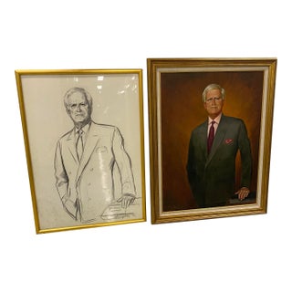 1990s Original Oil Portrait & Charcoal Study of Mr. John A. Powers by A. Vidal Quadras, 1992 – Framed Pair For Sale