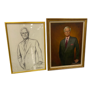 1990s Original Oil Portrait & Charcoal Study of Mr. John A. Powers by A. Vidal Quadras, 1992 – Framed Pair