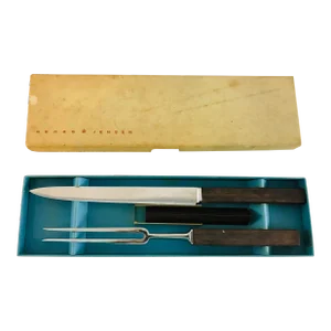 Georg Jensen Rosewood Carving Set Original Box Original Rosewood Stand 1960s Denmark- 3 Pieces