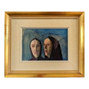 Mid-Century Modern Swedish "Whispers" Vintage Figurative Portrait Mixed Media Painting, Framed