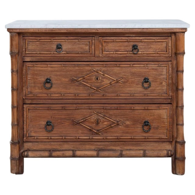 1900s French Faux Bamboo Chest of Drawers With Marble Top For Sale - Image 15 of 18