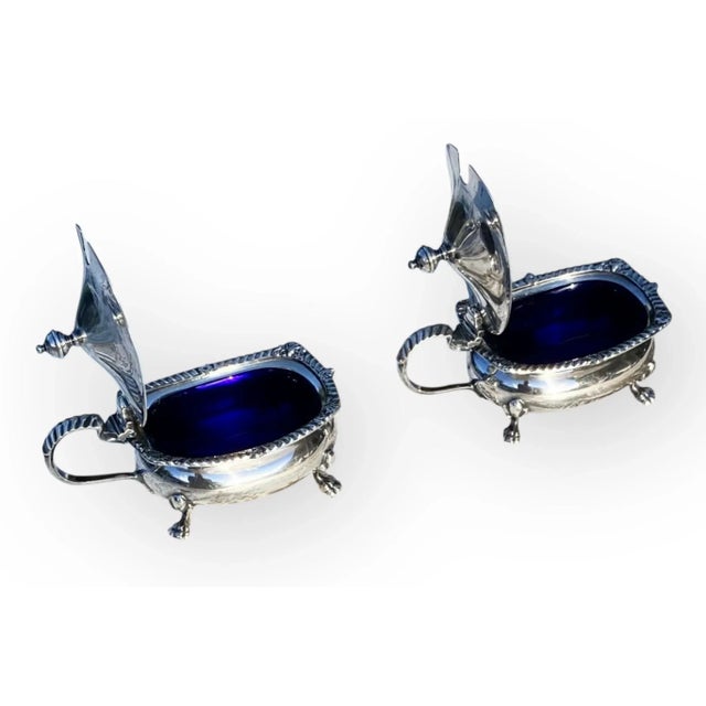 1920s 1920s Adie Bros LTD Birmingham Silver Plate Salt Cellars With Cobalt Glass Liners- Set of 2 For Sale - Image 5 of 14