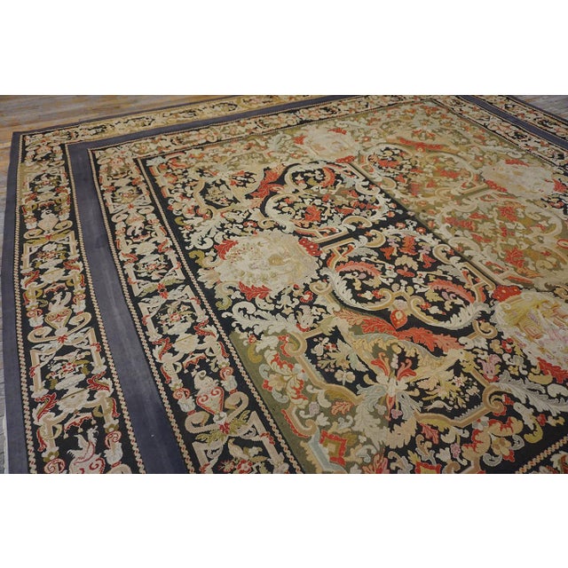 1870s Tan Camel Medallion Antique French Needlepoint Rug 11' X 11' Flatweave Wool Silk Carpet For Sale - Image 9 of 11