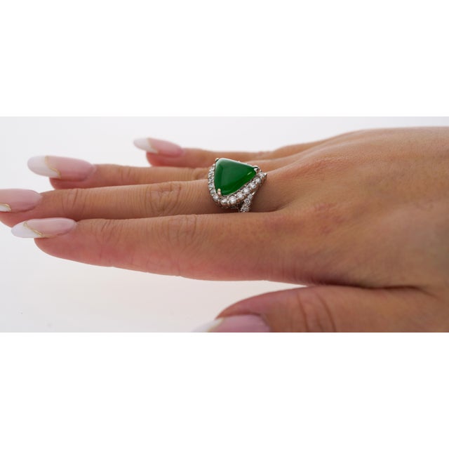 Green Type a Jadeite Jade Cabochon Cut Triangle Shape and Diamond Halo Ring, Size 6 For Sale - Image 8 of 10