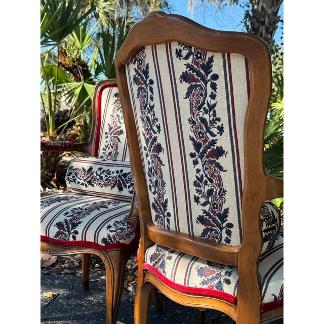 1920s Pair of Louis XV-Style French Provincial Upholstered Carved Wood Armchairs With Floral Stripe Fabric For Sale - Image 4 of 10