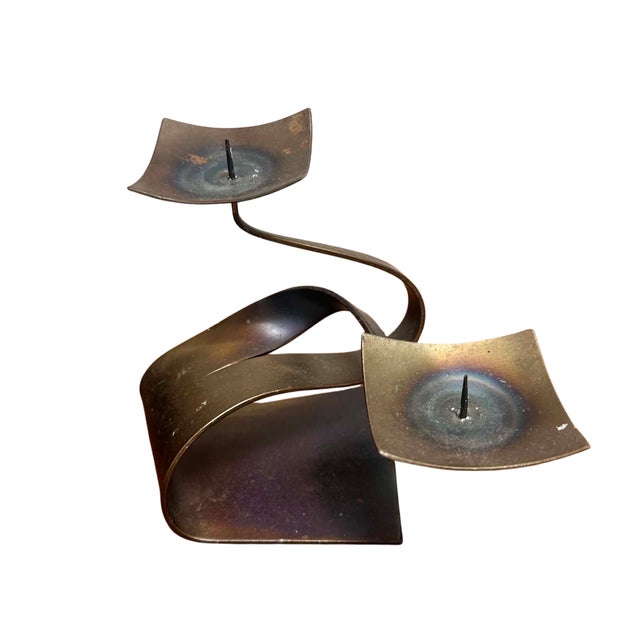 1970s xVintage Ferart Artisan Sculptural Metal Double Candle Holder For Sale - Image 5 of 7