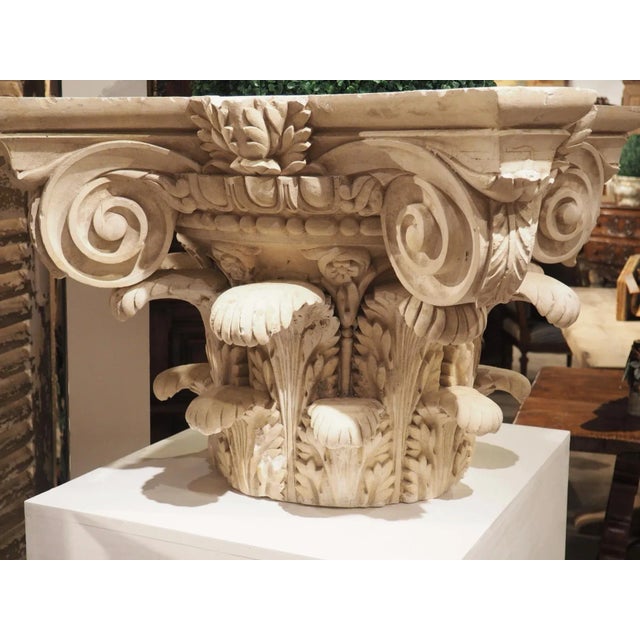 French Large Plaster Composite Order Capital on Wooden Pedestal, France, Early 1900s For Sale - Image 3 of 13