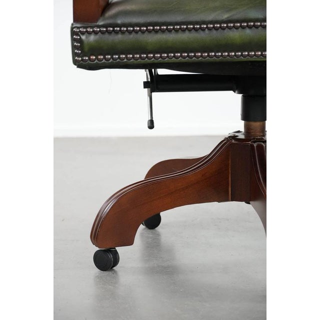 English Style Dark Green Cowhide and Wooden Chesterfield Swivel Desk Chair For Sale - Image 12 of 18