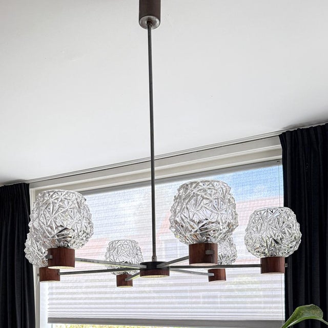 Mid-Century Modern Mid-Century Modern 6-Arm Chandelier with Pressed Glass Shades, Late 20th Century For Sale - Image 3 of 17