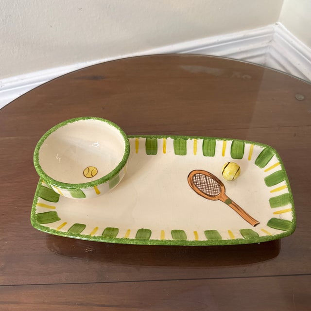 Theme: Tennis-themed, featuring hand-painted designs of a tennis racquet and tennis balls. Material: Ceramic, hand-...