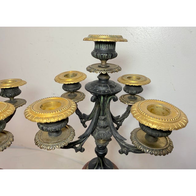 Pair Antique Ornate 1800's Patinated Gilt Bronze Marble Neoclassical Candelabras For Sale - Image 4 of 14