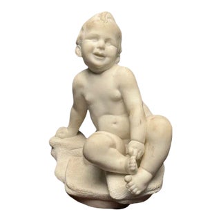 Carved Marble Figure of Seated Nude Child, 19th/Early 20th Century, Statue For Sale