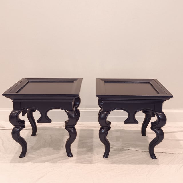 Mid Century Modern/Hollywood Regency/French Provincial Solid Wood Navy Blue End Table - A Pair For Sale In Chicago - Image 6 of 18
