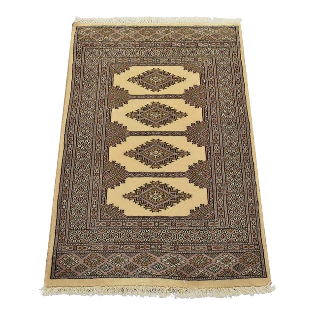 Bokhara Jaldar Rug 2’6” X 3’9” Beige Wool Tribal Hand-Knotted Oriental Carpet For Sale