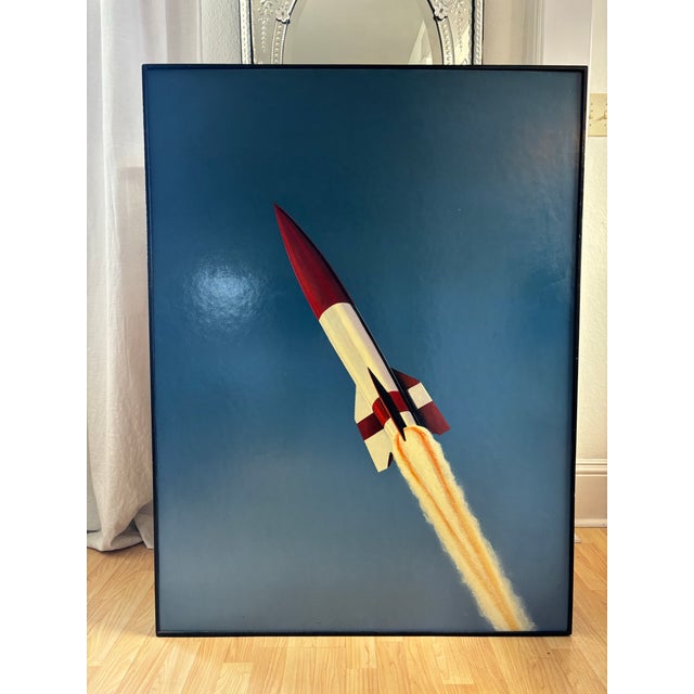 Blue Late 20th Century Large Vintage Illustration Painting of a Rocket Oil on Masonite Framed For Sale - Image 8 of 8