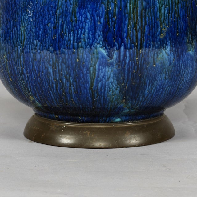 Blue Mid-Century Modern Italian Blue and Teal Drip Glaze Large Ceramic Table Lamp For Sale - Image 8 of 10