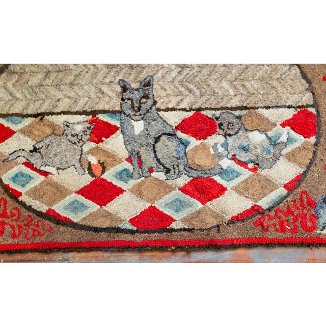 Textile 19th or 20th Century American Folk Art Hooked Rug With Cat and Two Kittens For Sale - Image 7 of 14