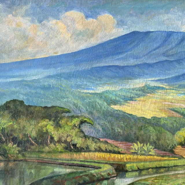 1950s 1930's Tropical Landscape Oil on Canvas in Original Frame "Rice Fields on Bali" For Sale - Image 5 of 9
