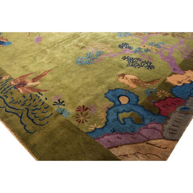 1920s Room Size Wool Green Floral Modern Antique Chinese Art Deco Carpet Rug For Sale - Image 4 of 12