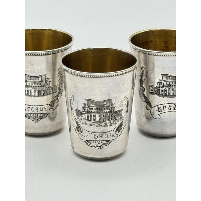 1950s 1950s Rare 5 Soviet Armenian 875 Silver Vodka Cups 875 Star Russian Hallmark 875 Silver Purity Yerevan Opera 1955 Gilt For Sale - Image 5 of 8