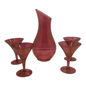Mid 20th Century Red Cranberry Iridescent Decanter Carafe With Cordial Sherry Glasses Set- 4 Pieces