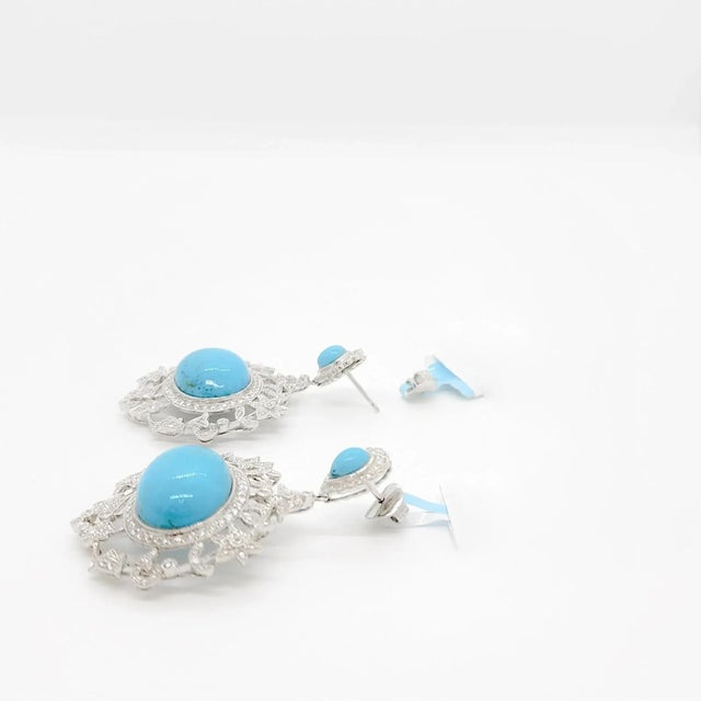 Turquoise and White Diamond Dangle Earrings in 18k White Gold - A Pair For Sale In Los Angeles - Image 6 of 7