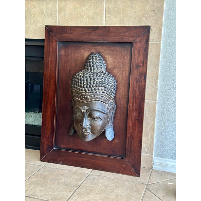 1970s Large Buddha Head Wood Carving Sculpture Wall Art For Sale - Image 5 of 18