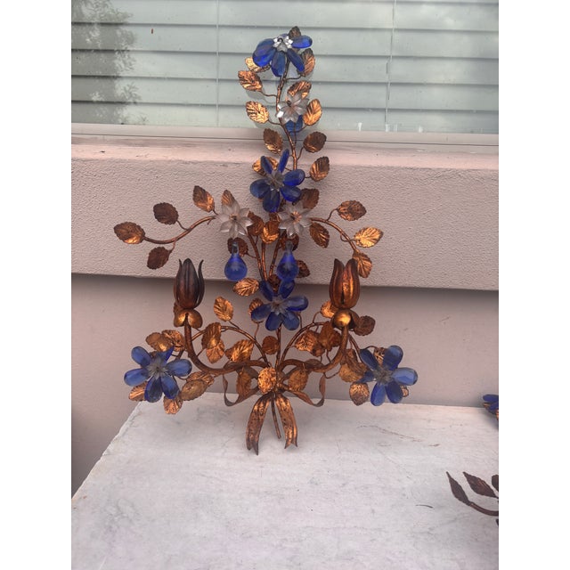 Maison Baguès Large Mid-Century Pair of Tole & Crystal Leaves and Flowers Sconces For Sale - Image 4 of 8
