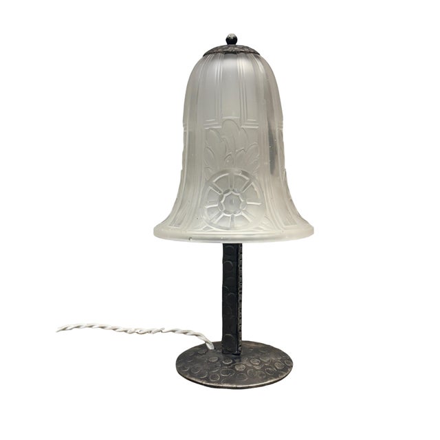Tiny lamp from 1920s France with a beautiful molded glass shade. Base is forged iron with a blackened finish. Here with...