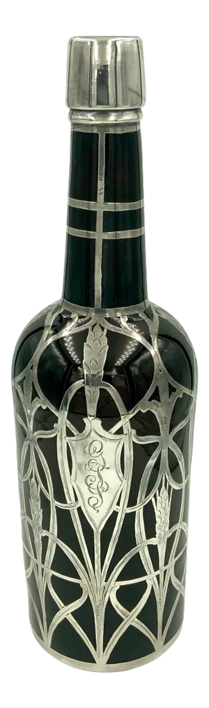 Art Nouveau Sterling Silver Overlay Amber Glass Decanter Whiskey Scotch Bottle